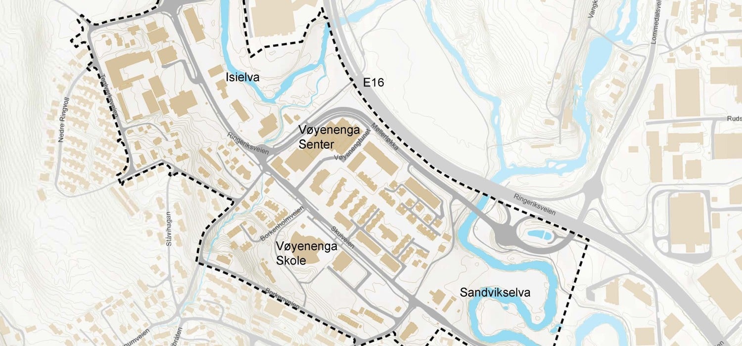 Kart som viser avgrensning av områdeutviklingsstrategi for Vøyenenga.