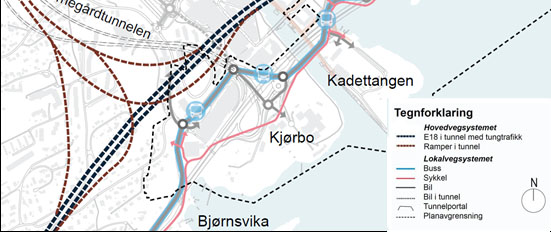 Sandvika sjøfront illustrasjon av veisystem alternativ 1