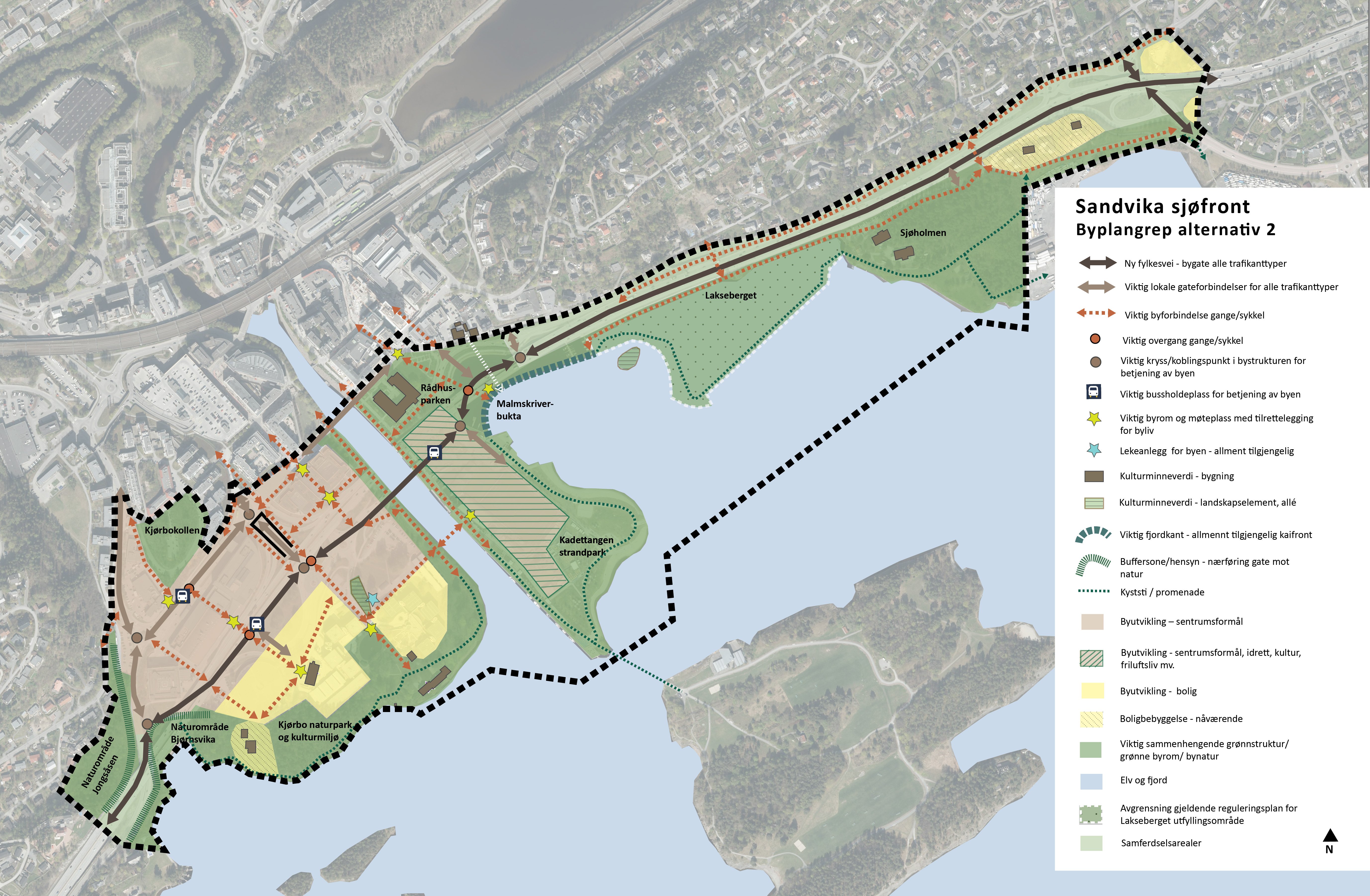 Byplangrep Sandvika sjøfront prinsippkart alternativ 1